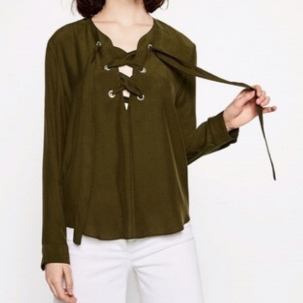 Zara Olive Green Lace Up Blouse